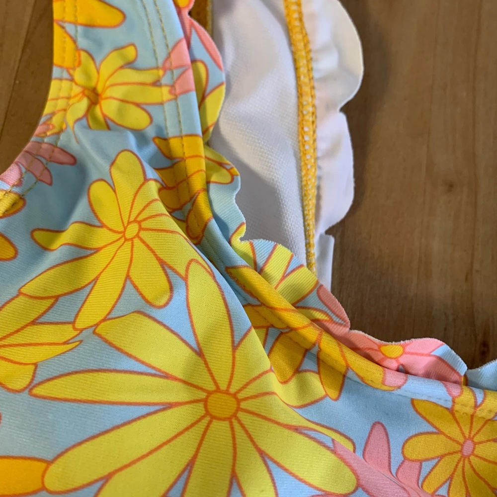 Multicolor Blue Yellow Retro Floral Scallop Hem One Piece Lined Swimsuit New - Picture 10 of 13